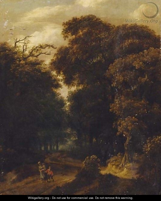 A wooded landscape with a mother and child on a track - Salomon Rombouts