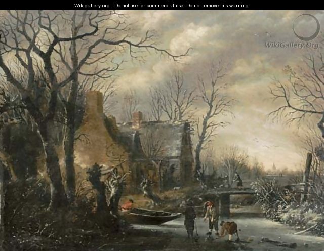 A winter landscape with peasants playing kolf on a frozen river - Salomon Rombouts