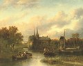 Fishing by a riverside town - Salomon Leonardus Verveer