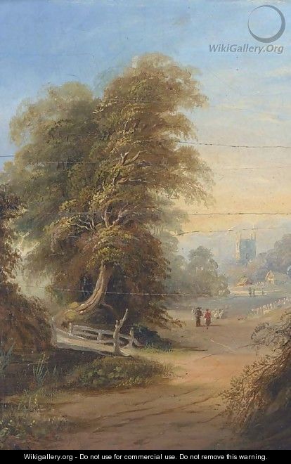 Figures on a wooded track with a church tower beyond - Samuel David Colkett