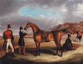 Lord George Bentinck with his favourite hunter, and grooms, in a landscape with a hunt beyond - Samuel Spode