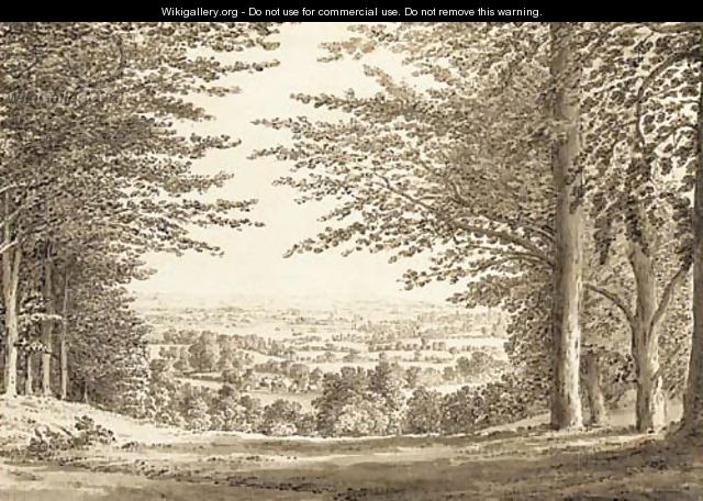 A distant view of a cottages through a wood - Samuel Hieronymous Grimm