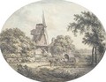 A windmill with horses and a cart by a pond, in the foreground - Samuel Hieronymous Grimm
