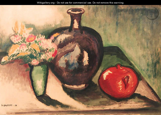 A still life with flowers, an apple and a vase - Samuel Halpert