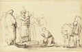 A man kneeling before men with turbans - Samuel Van Hoogstraten