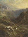 A shepherd with his flock in a Highland landscape - Robert Watson