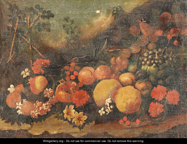 Pomegranates, apples, grapes and other fruit and flowers on a forest floor - Roman School