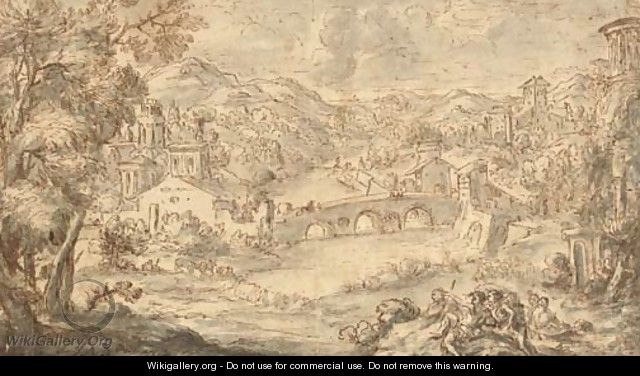 An extensive classical landscape with a town by a river - Roman School