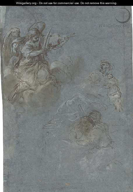 An angel playing a violin and two saints seated among clouds - Roman School