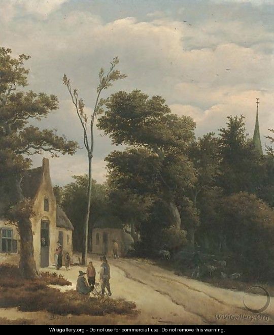 A wooded landscape with villagers conversing by a track - Roelof van Vries