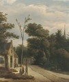 A wooded landscape with villagers conversing by a track - Roelof van Vries