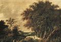 A wooded landscape with a peasant greeting a rider - Roelof van Vries