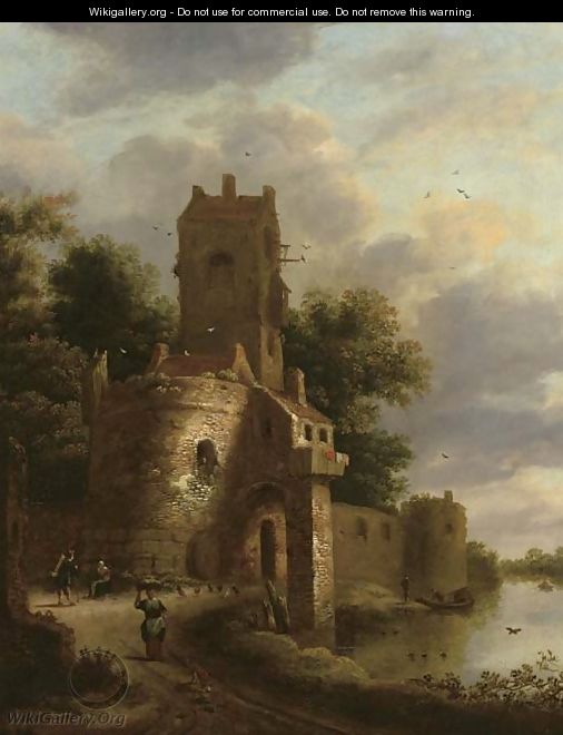 A river landscape with peasants and travellers on a path before a fortified tower - Roelof van Vries