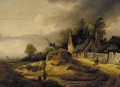 A cloudy landscape with a father and son fishing in a pond near a cottage - Roelof van Vries