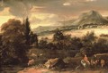 An extensive mountainous landscape with travellers on a path and a shepherd resting by a river with cattle watering - Roelandt Roghman