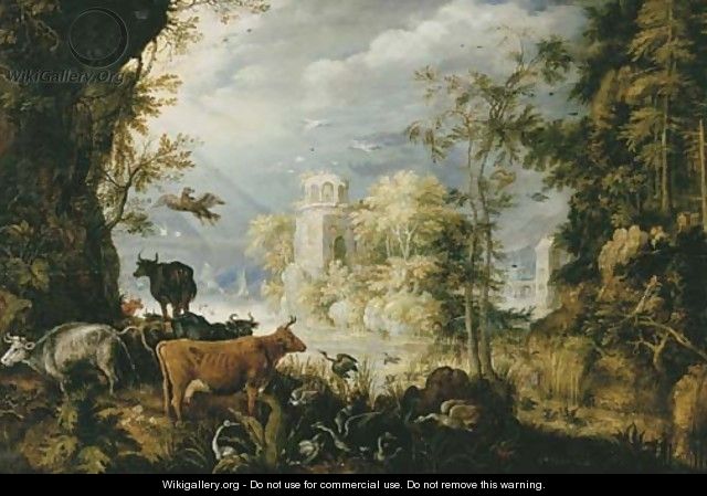 A wooded landscape with cows, birds and other animals by a lake, with a village beyond - Roelandt Jacobsz Savery