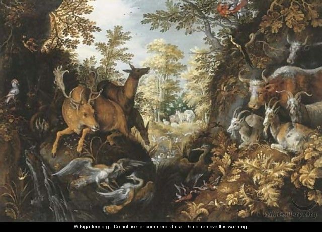 A stag, deers, herons, goats, parrots and other animals in a forest - Roelandt Jacobsz Savery