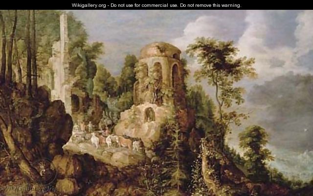 A rocky landscape with a stream and classical ruins, with the Reconcilliation of Jacob and Laban - Roelandt Jacobsz Savery