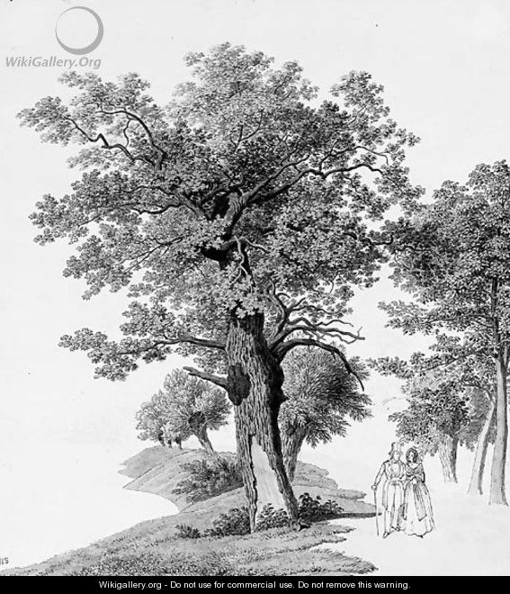 A wooded lake with an elegant couple walking - Rodolf Follerweder