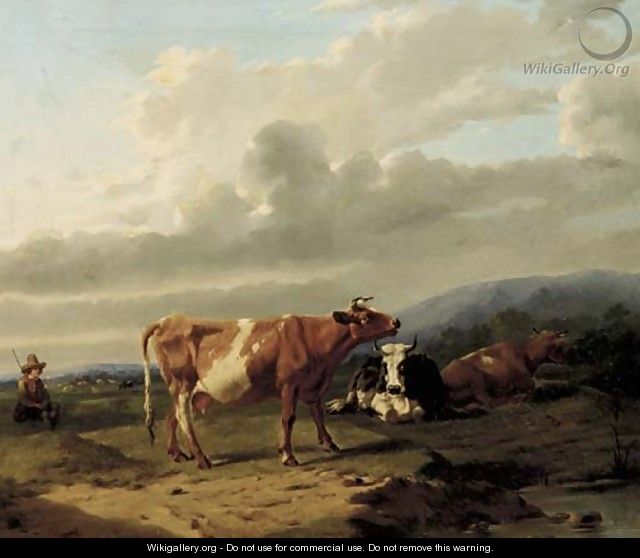 A cowherd and cattle in a summer landscape - Rosa Venneman