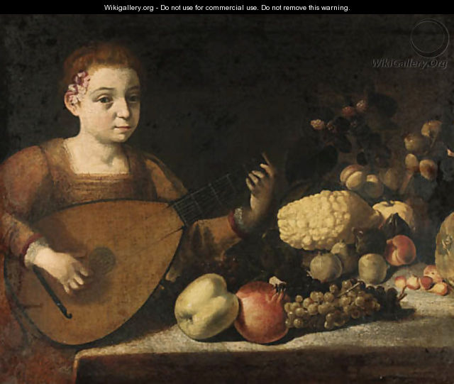 A girl playing a lute by a table laden with fruit - Roman School