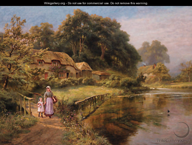 A woman and child crossing a bridge by a lake - Robert Gallon