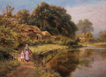 A woman and child crossing a bridge by a lake - Robert Gallon