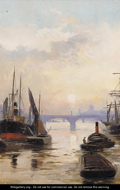 Shipping on the Thames at sunset - Robert Ernest Roe
