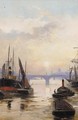Shipping on the Thames at sunset - Robert Ernest Roe