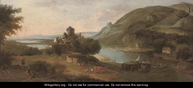 An extensive river landscape with a barge, figures, livestock and a ruined castle - Robert Griffier
