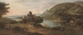 An extensive river landscape with a barge, figures, livestock and a ruined castle - Robert Griffier