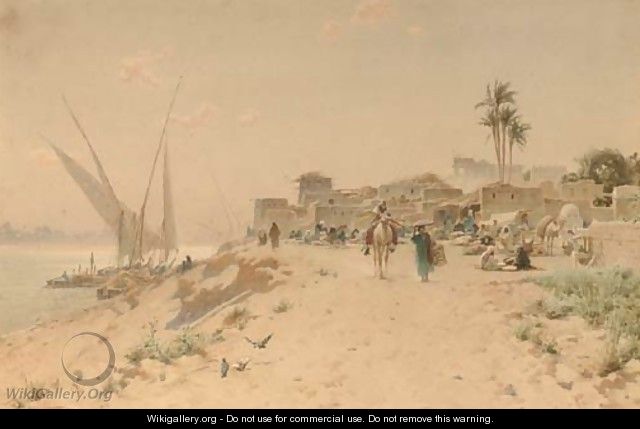Feluccas unloading before a settlement on the edge of the Nile - Robert George Talbot Kelly
