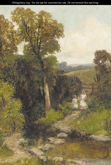 Young girls by the stepping stones - Robert John Hammond