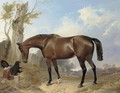 A bay hunter and dog in a landscape - Richard Ansdell