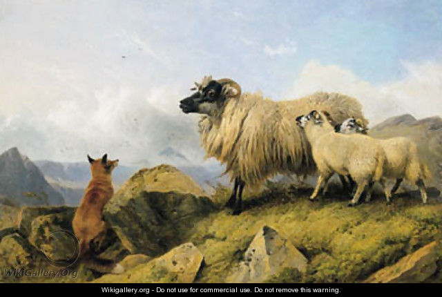 Highland Folk - Two Lambs, a Ewe and a Fox - Richard Ansdell