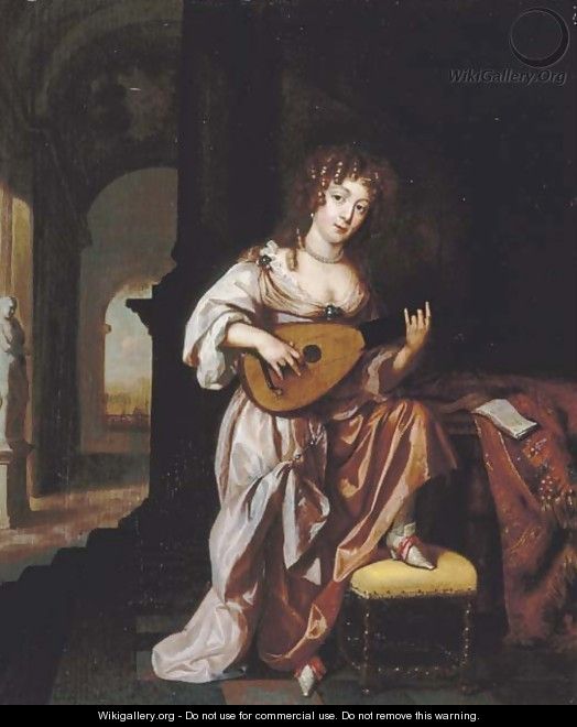 An elegant lady playing the lute, seated by a draped table, a terrace beyond - Regnier de La Haye