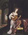 An elegant lady playing the lute, seated by a draped table, a terrace beyond - Regnier de La Haye