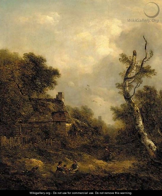 Figures before a cottage in a wooded landscape - Richard Hilder