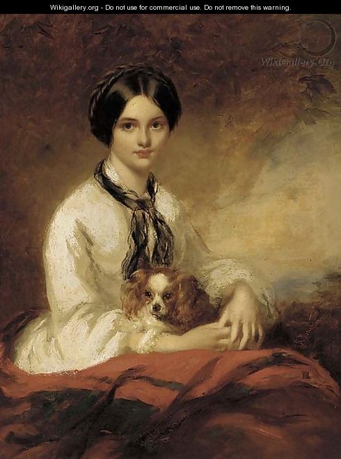 Portrait of Lady Fletcher, nee Agnes Wilson, seated half-length, in a white blouse, with a spaniel in her arms - Richard Buckner