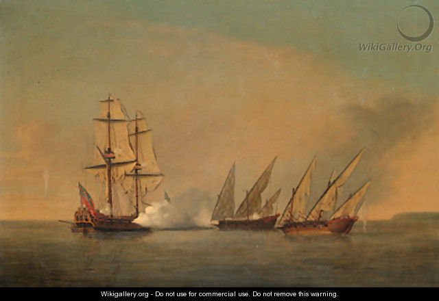 An English privateer in action with two armed French galleys in the Mediterranean - Richard Paton