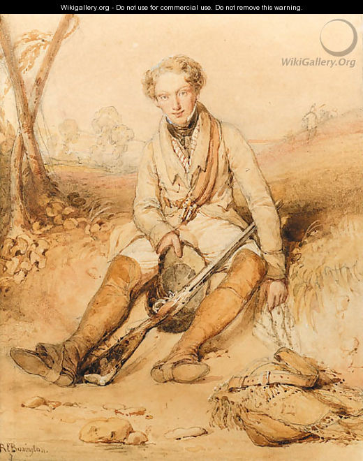 A Sportsman with his rifle, seated on a bank - Richard Parkes Bonington