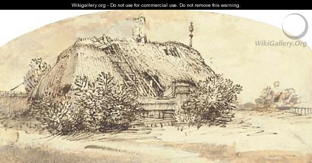 A ruined thatched cottage overgrown with bushes - Rembrandt Van Rijn