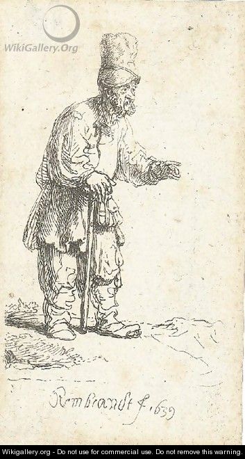 A Peasant in a high Cap, standing leaning on a Stick - Rembrandt Van Rijn