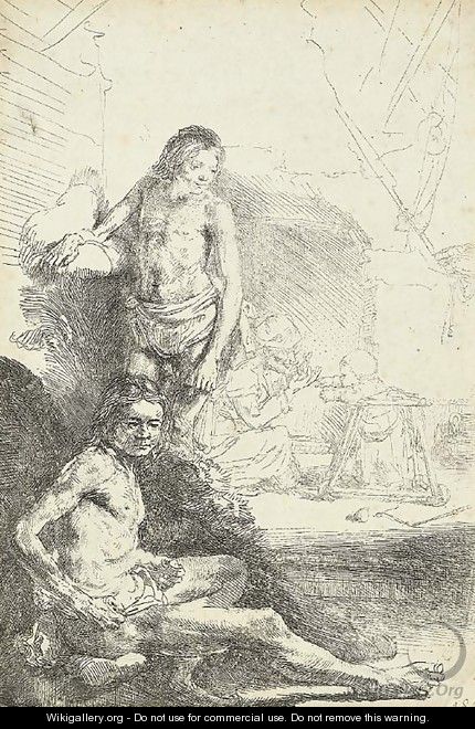 A nude Man seated and another standing, with a Woman and a Baby lightly etched in the Background - Rembrandt Van Rijn