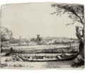 A Canal with a large Boat and Bridge - Rembrandt Van Rijn