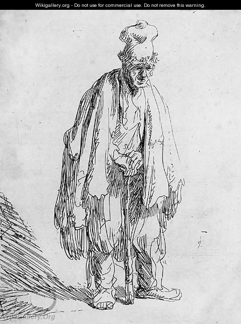 A Beggar in a high Cap, standing and leaning on a Stick - Rembrandt Van Rijn
