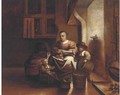 A kitchen interior with a woman and children - Reinier or Reynier Coveyn or Covyn