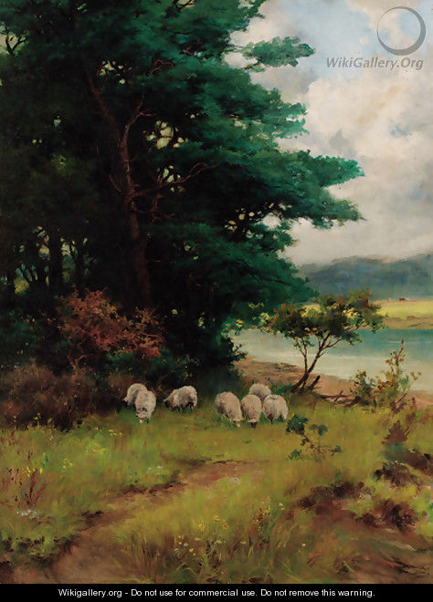 Sheep grazing in a wooded river landscape - Camille Pissarro
