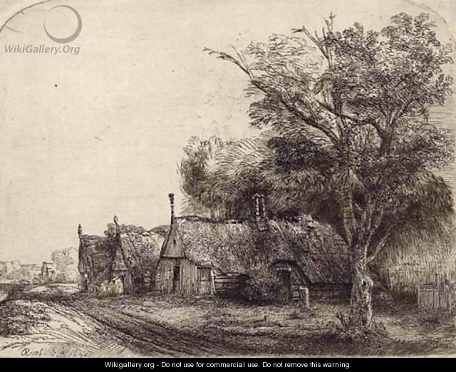 Landscape with three gabled Cottages beside a Road - Rembrandt Van Rijn