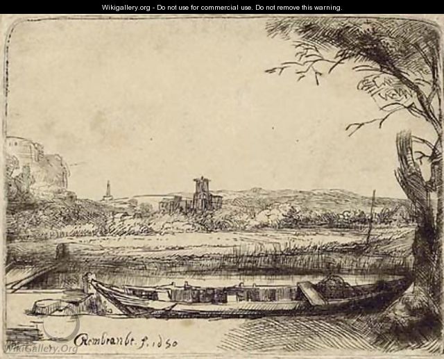 Canal with a large Boat and Bridge - Rembrandt Van Rijn